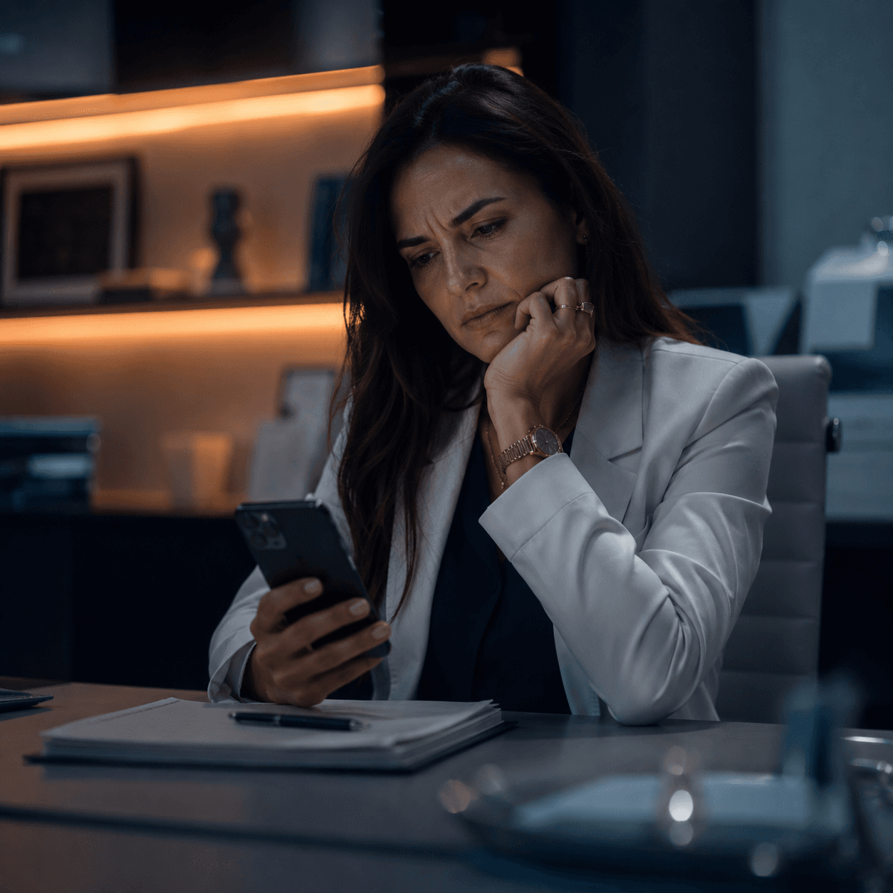 Médica olhando o celular, expressão pensativa